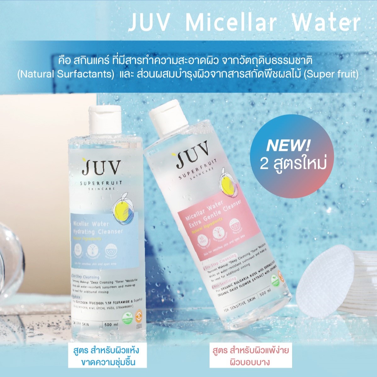 Juv Micellar Water Hydrating Cleanser 500 ml คลีนเซอร์สูตร Natural 100% ช่วยทำความสะอาดเมคอัพ สำหรับผิวธรรมดา ผิวแห้ง ผิวขาดน้ำ ขาดความชุ่มชื้น